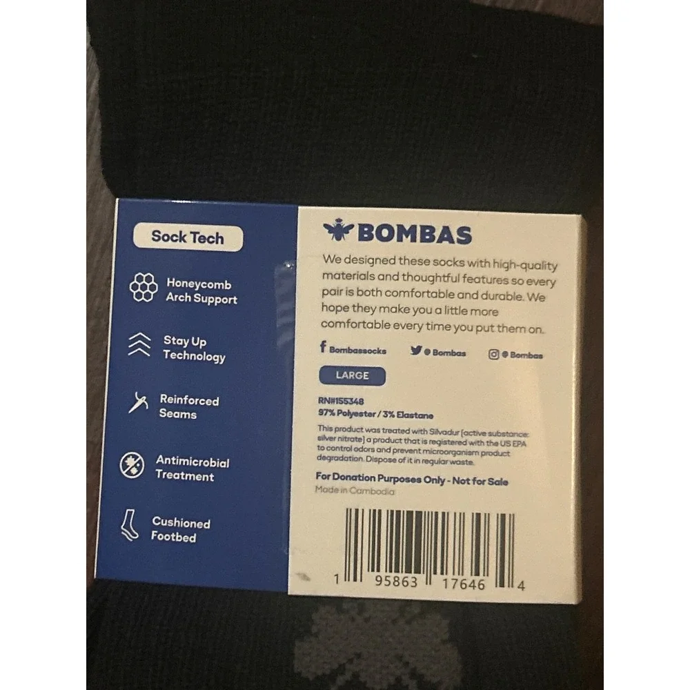 Bombas Mens Ankle Socks Black Grey Stripe Honeycomb Arch Support 2 Pairs Size L